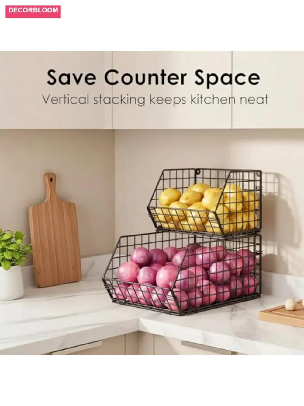 2-Tier Stackable Wire Basket Potato Onion Storage Bin Countertop